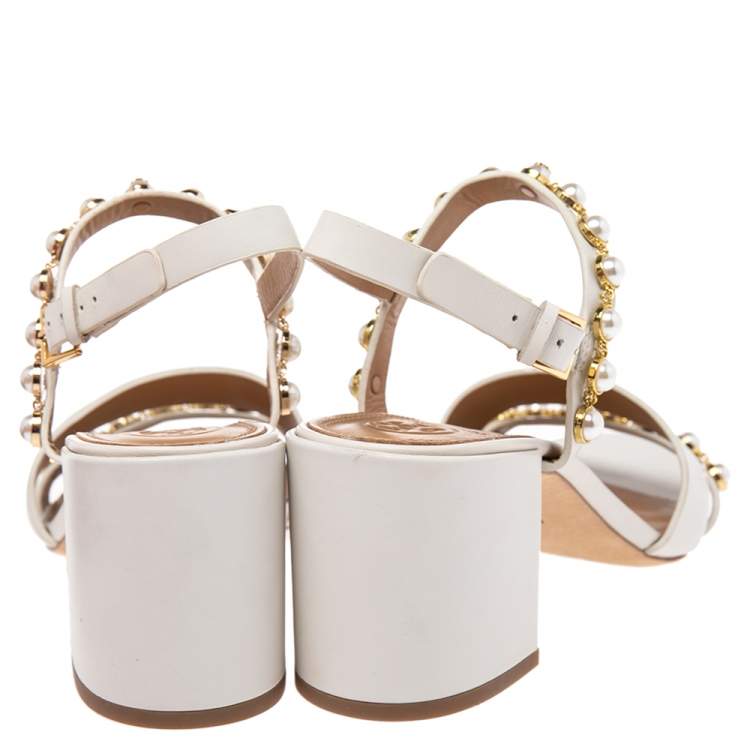 Pre Owned Tory Burch White Leather Faux Peal Embellished Emmy Ankle Strap Sandals Size 38.5