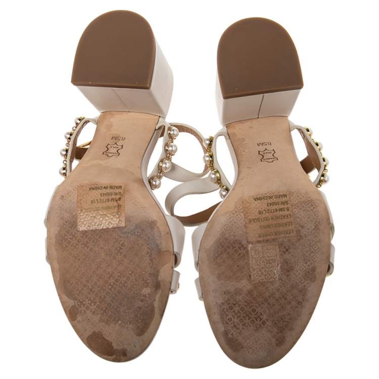 Pre Owned Tory Burch White Leather Faux Peal Embellished Emmy Ankle Strap Sandals Size 38.5