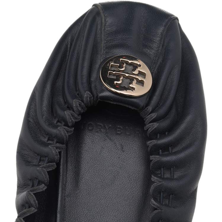 Pre Owned Tory Burch Dark Blue Leather Reese Tassel Ballet Flats Size 38.5