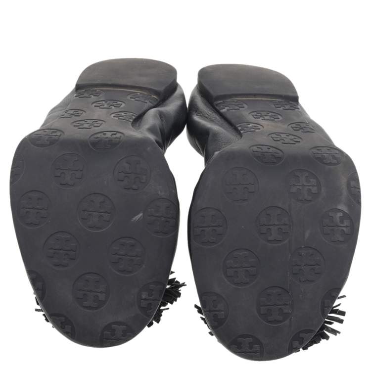 Pre Owned Tory Burch Dark Blue Leather Reese Tassel Ballet Flats Size 38.5