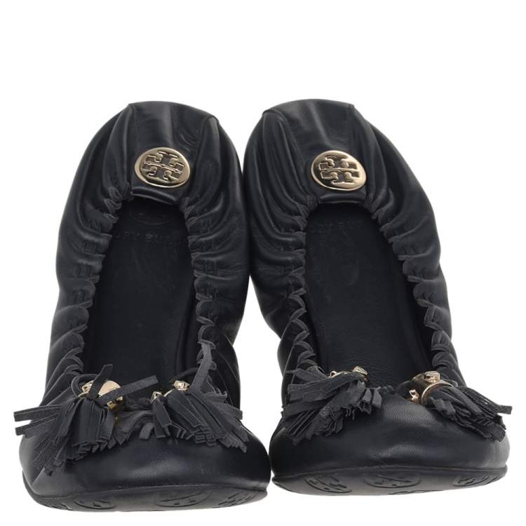 Pre Owned Tory Burch Dark Blue Leather Reese Tassel Ballet Flats Size 38.5
