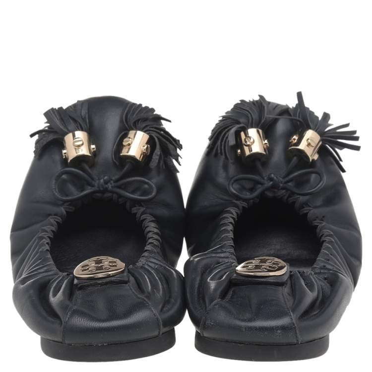 Pre Owned Tory Burch Dark Blue Leather Reese Tassel Ballet Flats Size 38.5