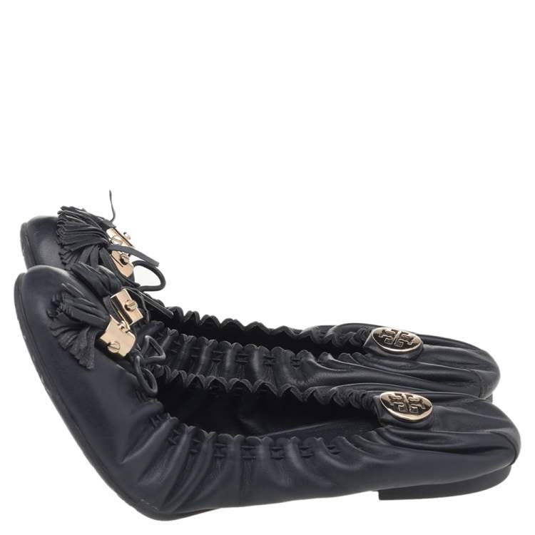 Pre Owned Tory Burch Dark Blue Leather Reese Tassel Ballet Flats Size 38.5