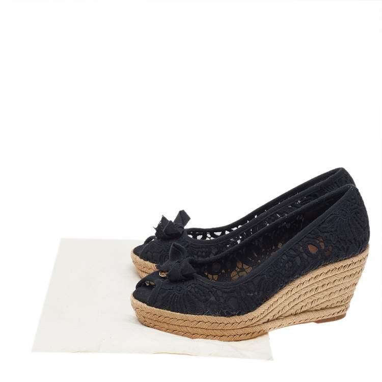 Pre Owned Tory Burch Black Lace And Canvas Trim Bow Platform Wedge Espadrille Pumps Size 39