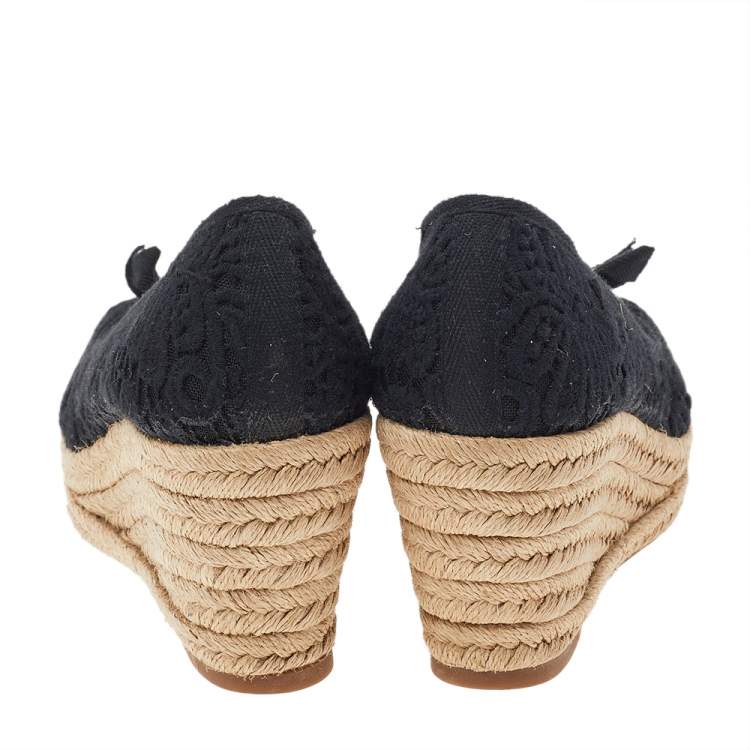 Pre Owned Tory Burch Black Lace And Canvas Trim Bow Platform Wedge Espadrille Pumps Size 39