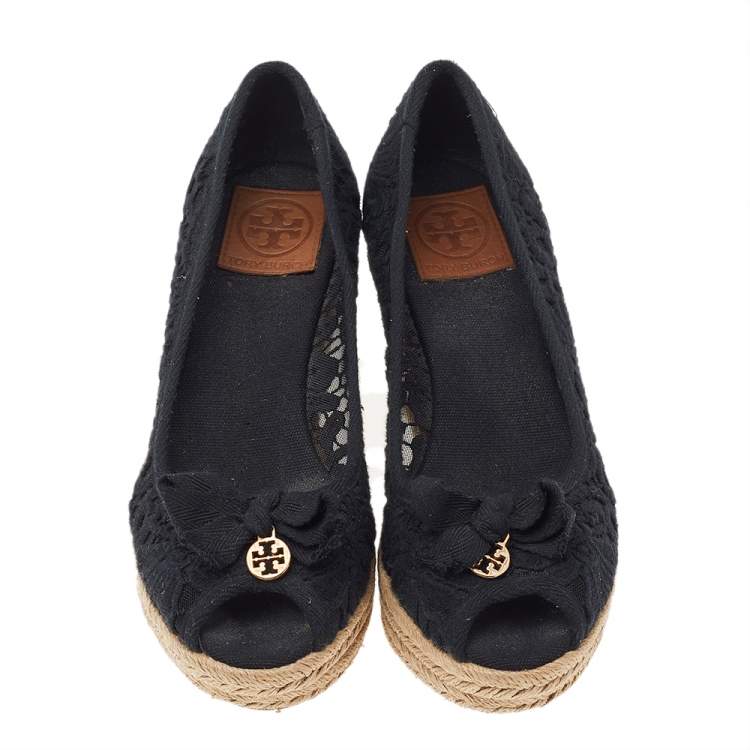 Pre Owned Tory Burch Black Lace And Canvas Trim Bow Platform Wedge Espadrille Pumps Size 39