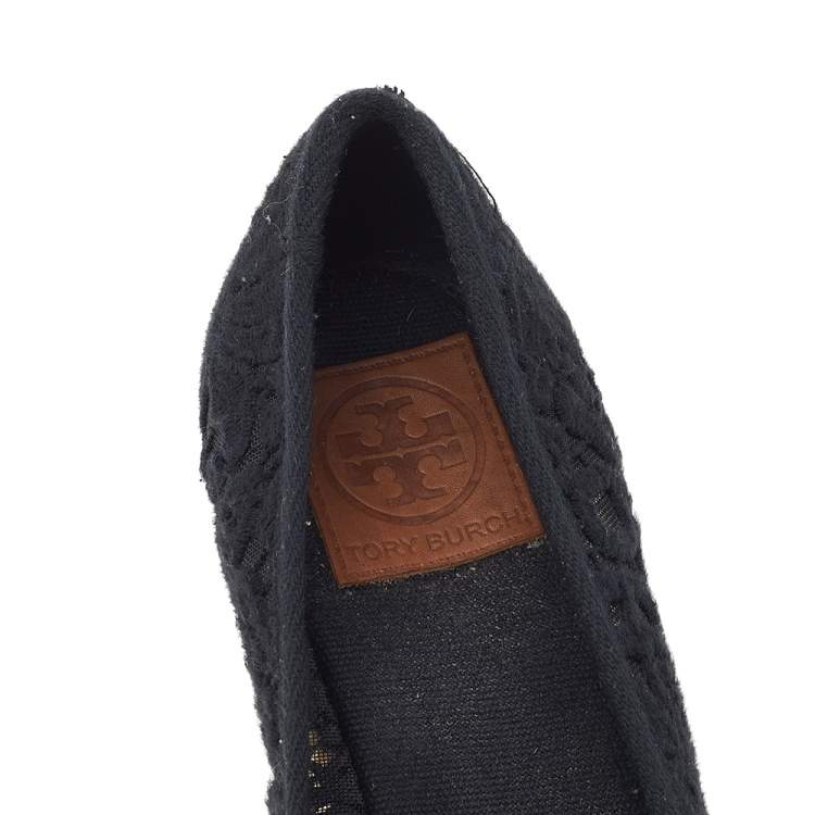 Pre Owned Tory Burch Black Lace And Canvas Trim Bow Platform Wedge Espadrille Pumps Size 39