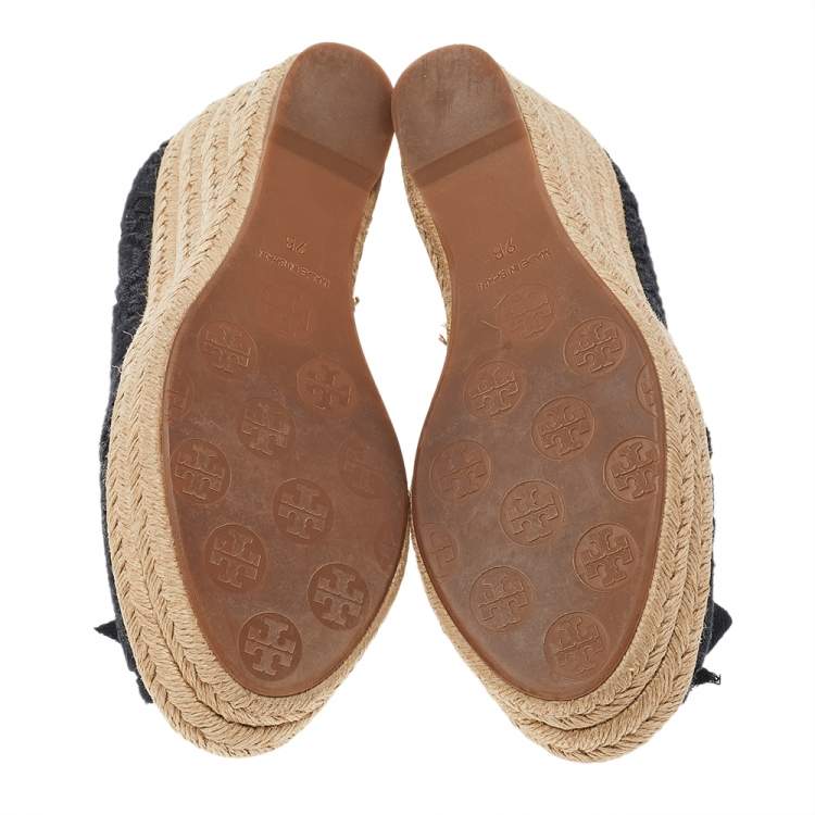 Pre Owned Tory Burch Black Lace And Canvas Trim Bow Platform Wedge Espadrille Pumps Size 39