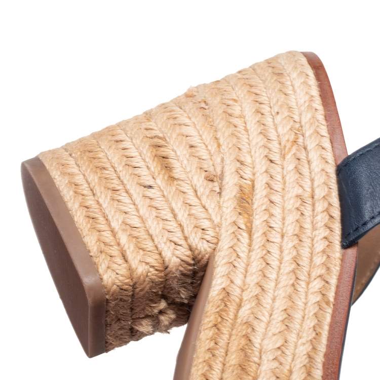 Pre Owned Tory Burch Navy Blue Laser Cut Leather Espadrille Platform Ankle Strap Sandals Size 37