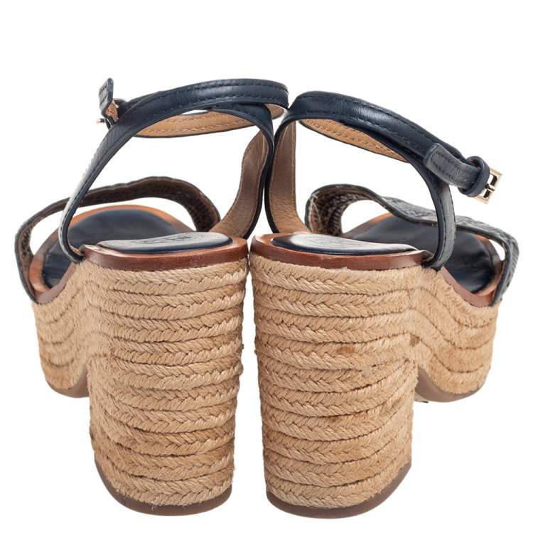 Pre Owned Tory Burch Navy Blue Laser Cut Leather Espadrille Platform Ankle Strap Sandals Size 37