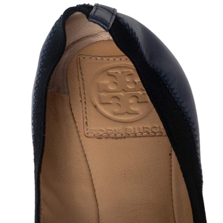 Pre Owned Tory Burch Navy Blue Leather Scrunch Ballet Flats Size 37
