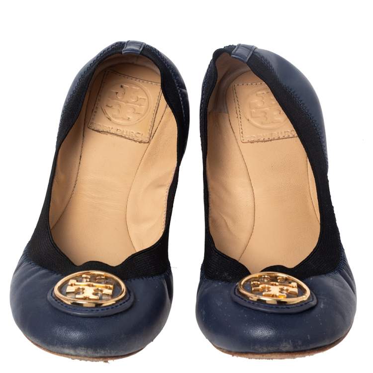 Pre Owned Tory Burch Navy Blue Leather Scrunch Ballet Flats Size 37