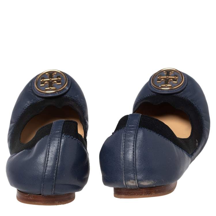Pre Owned Tory Burch Navy Blue Leather Scrunch Ballet Flats Size 37