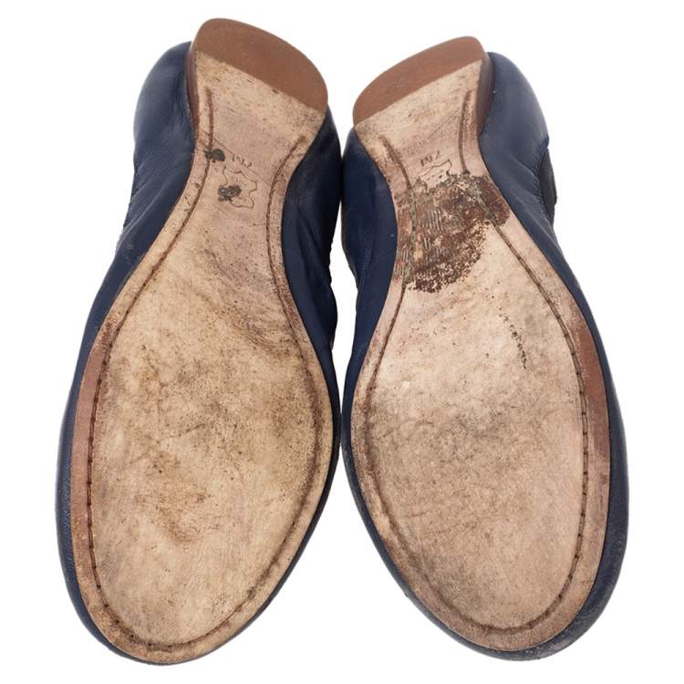 Pre Owned Tory Burch Navy Blue Leather Scrunch Ballet Flats Size 37