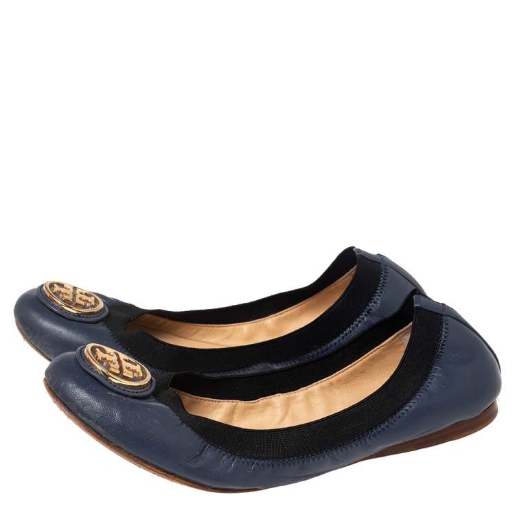 Pre Owned Tory Burch Navy Blue Leather Scrunch Ballet Flats Size 37