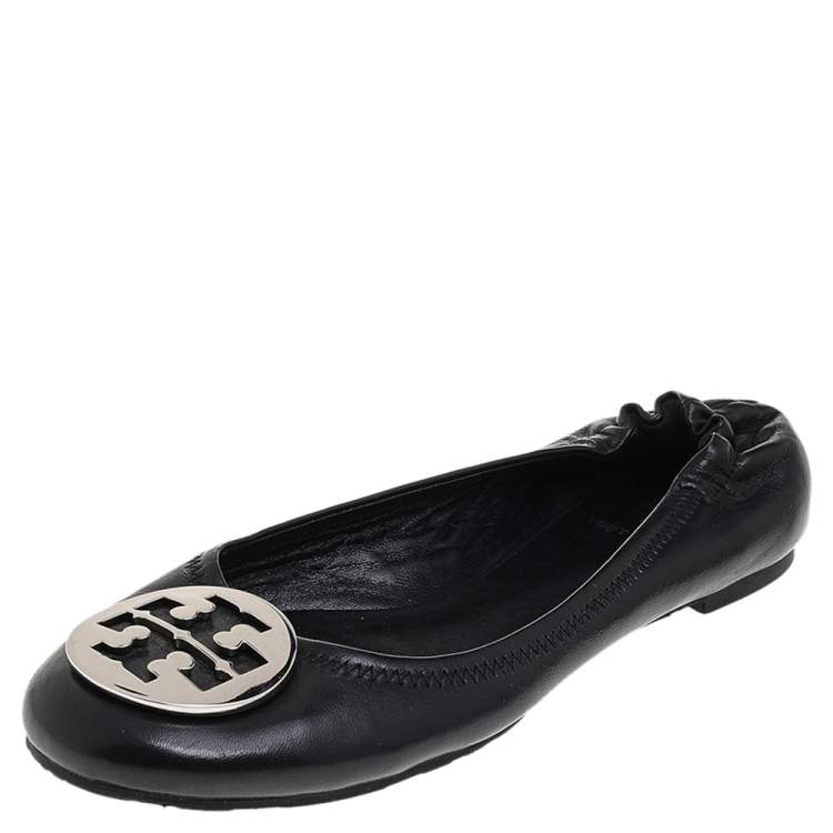 Pre Owned Tory Burch Black Leather Minnie Travel Logo Ballet Flats Size 38.5