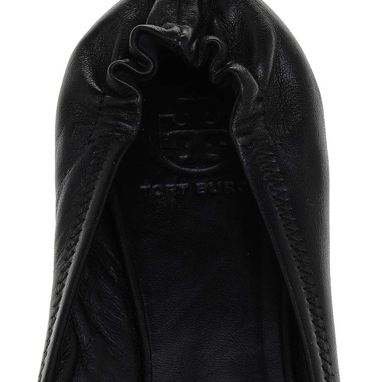 Pre Owned Tory Burch Black Leather Minnie Travel Logo Ballet Flats Size 38.5