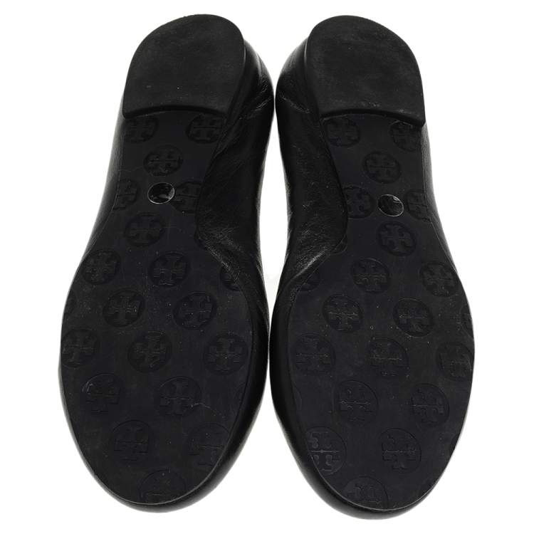 Pre Owned Tory Burch Black Leather Minnie Travel Logo Ballet Flats Size 38.5
