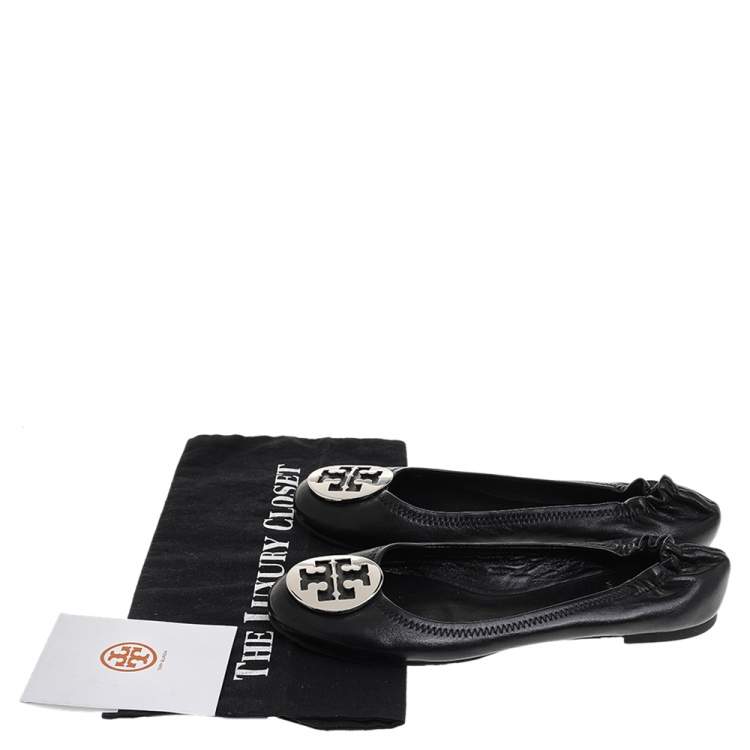 Pre Owned Tory Burch Black Leather Minnie Travel Logo Ballet Flats Size 38.5
