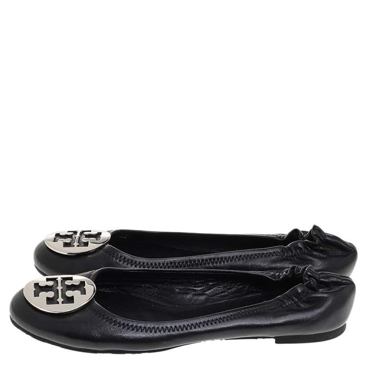 Pre Owned Tory Burch Black Leather Minnie Travel Logo Ballet Flats Size 38.5