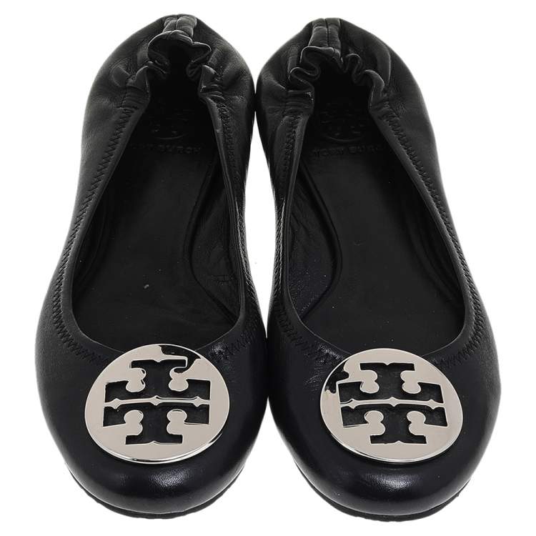 Pre Owned Tory Burch Black Leather Minnie Travel Logo Ballet Flats Size 38.5