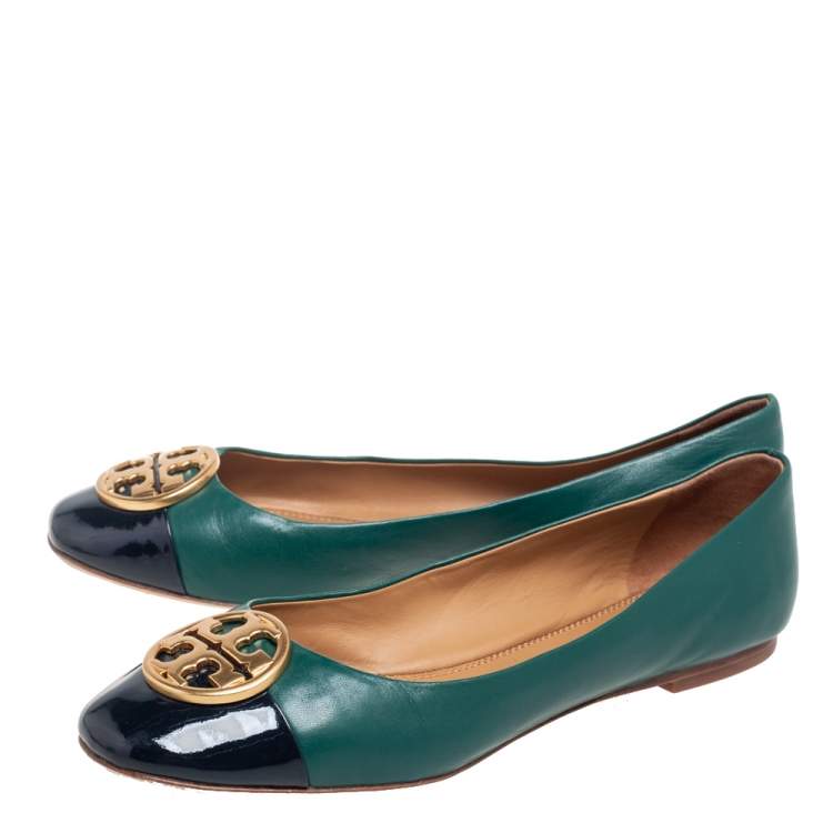 Pre Owned Tory Burch Green/Black Leather And Patent Leather Cap Toe Ballet Flats Size 39