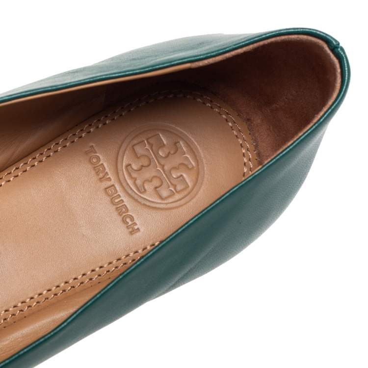 Pre Owned Tory Burch Green/Black Leather And Patent Leather Cap Toe Ballet Flats Size 39
