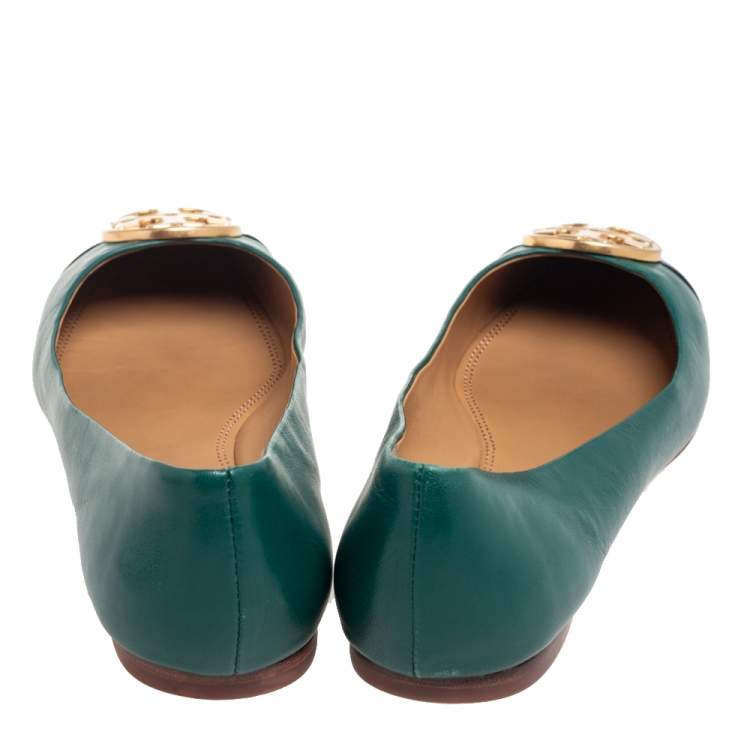 Pre Owned Tory Burch Green/Black Leather And Patent Leather Cap Toe Ballet Flats Size 39