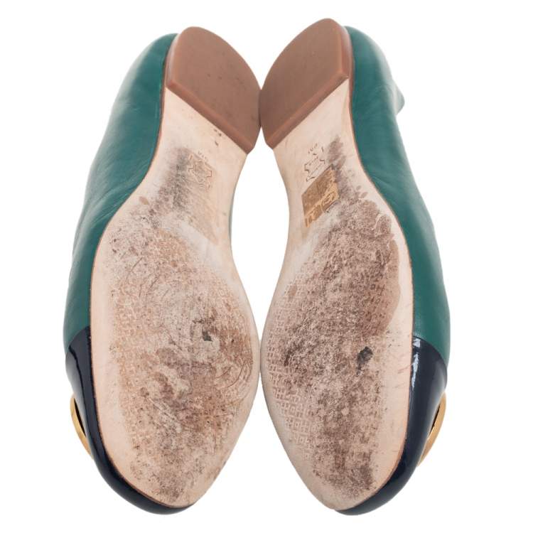 Pre Owned Tory Burch Green/Black Leather And Patent Leather Cap Toe Ballet Flats Size 39