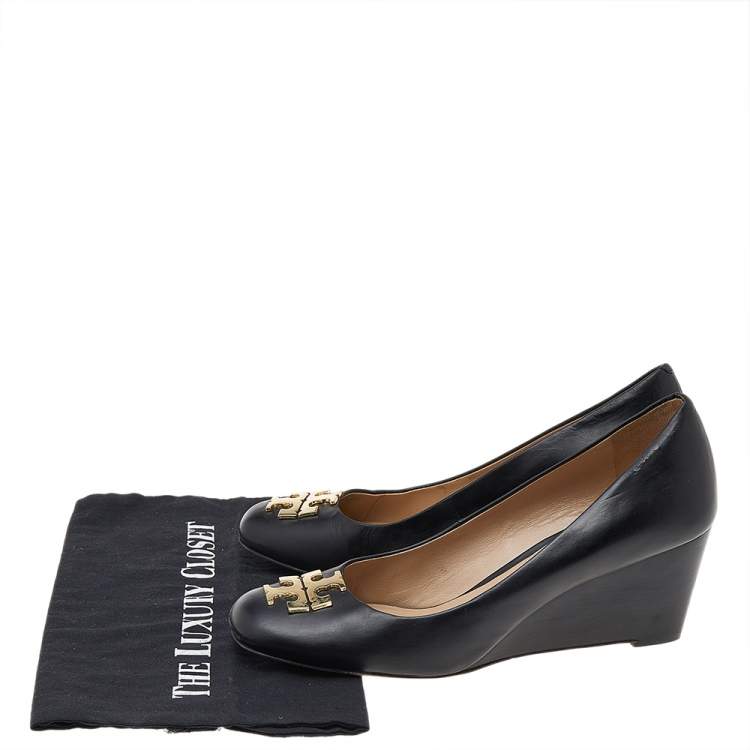Pre Owned Tory Burch Black Leather Metal Logo Wedge Pumps Size 39