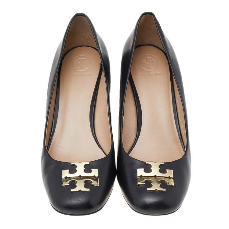 Pre Owned Tory Burch Black Leather Metal Logo Wedge Pumps Size 39