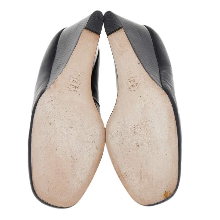 Pre Owned Tory Burch Black Leather Metal Logo Wedge Pumps Size 39