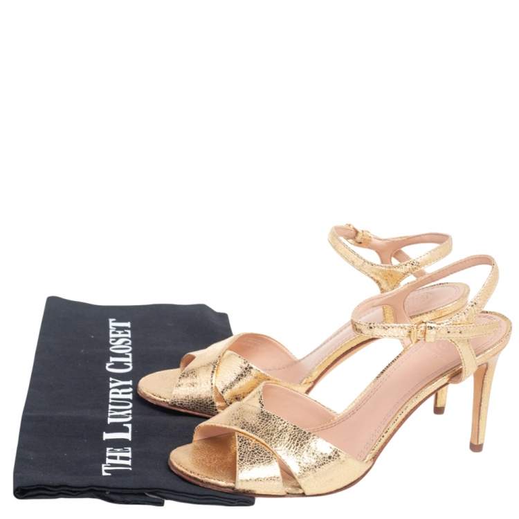 Pre Owned Tory Burch Gold Leather Criss Cross Ankle Strap Sandals Size 37.5