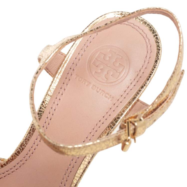 Pre Owned Tory Burch Gold Leather Criss Cross Ankle Strap Sandals Size 37.5