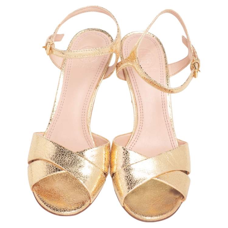 Pre Owned Tory Burch Gold Leather Criss Cross Ankle Strap Sandals Size 37.5