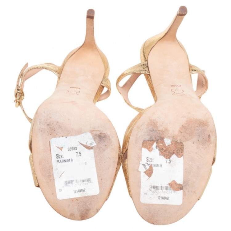 Pre Owned Tory Burch Gold Leather Criss Cross Ankle Strap Sandals Size 37.5