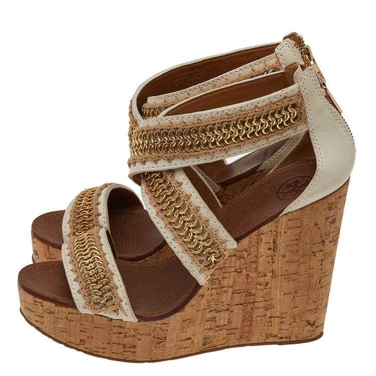 Pre Owned Tory Burch Off White Leather And Jute Chain Link Wedge Platform Sandals Size 39.5