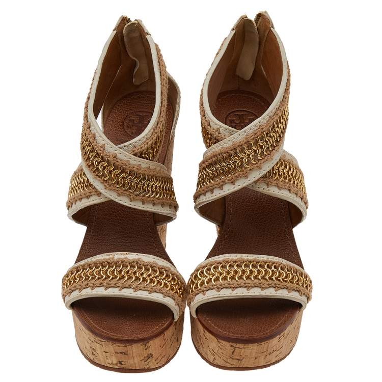 Pre Owned Tory Burch Off White Leather And Jute Chain Link Wedge Platform Sandals Size 39.5