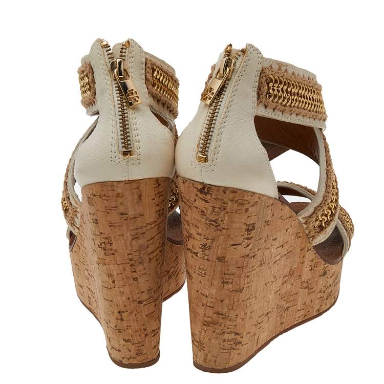 Pre Owned Tory Burch Off White Leather And Jute Chain Link Wedge Platform Sandals Size 39.5