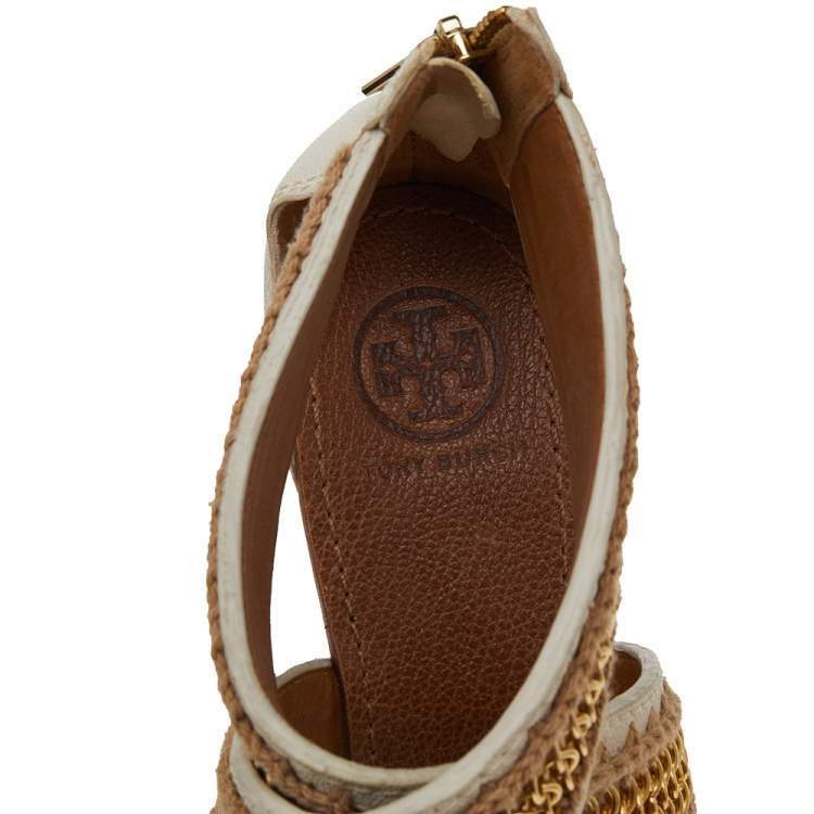 Pre Owned Tory Burch Off White Leather And Jute Chain Link Wedge Platform Sandals Size 39.5