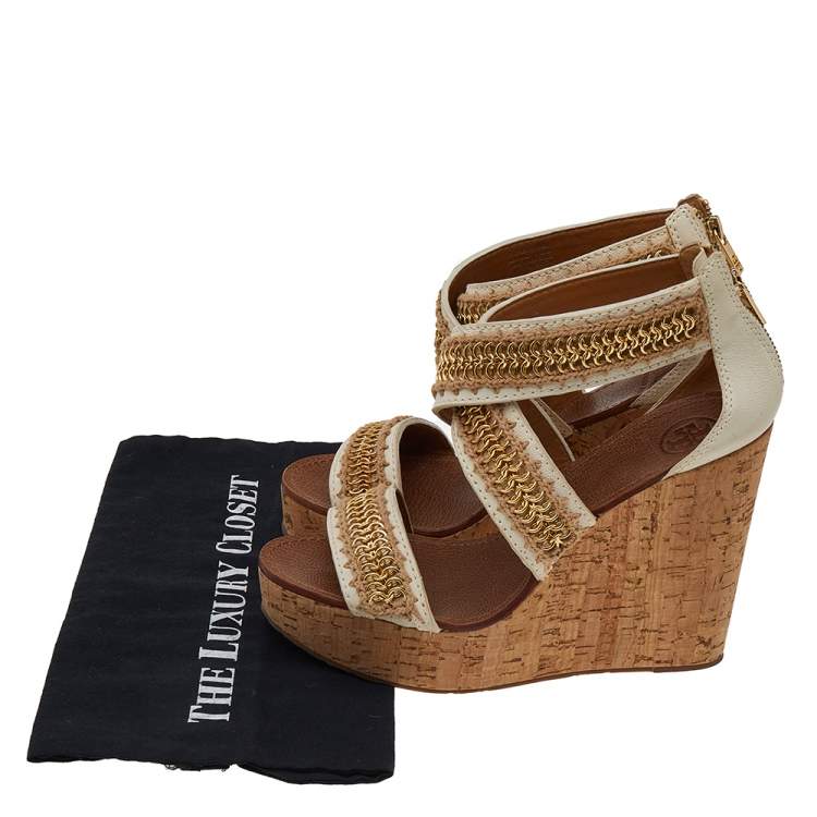 Pre Owned Tory Burch Off White Leather And Jute Chain Link Wedge Platform Sandals Size 39.5