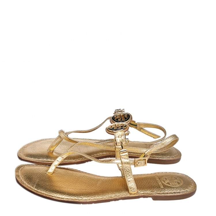 Pre Owned Tory Burch Metallic Gold Leather Logo Embellished Thong Flat Sandals Size 39