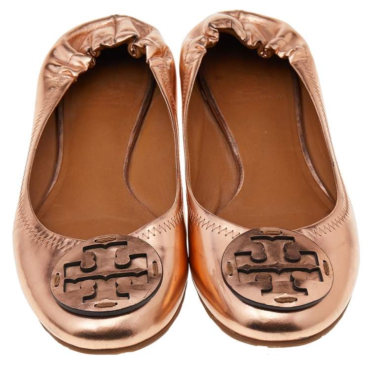 Pre Owned Tory Burch Rose Gold Leather Minnie Scrunch Ballet Flats Size 39