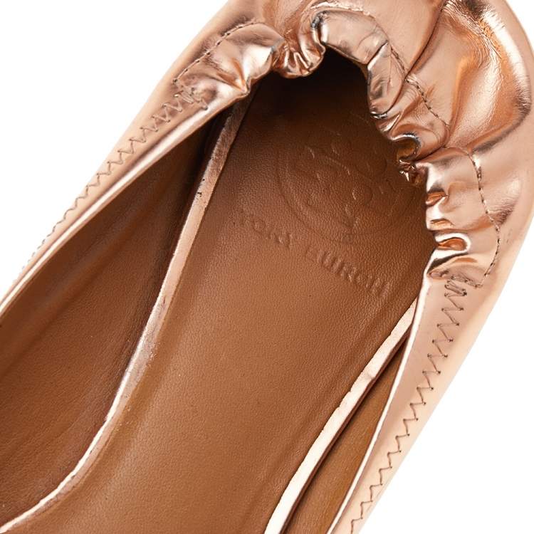 Pre Owned Tory Burch Rose Gold Leather Minnie Scrunch Ballet Flats Size 39