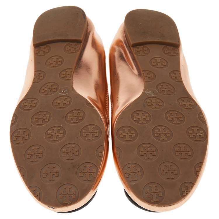 Pre Owned Tory Burch Rose Gold Leather Minnie Scrunch Ballet Flats Size 39