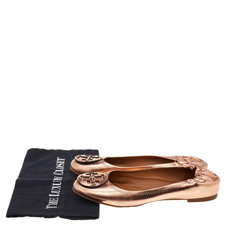 Pre Owned Tory Burch Rose Gold Leather Minnie Scrunch Ballet Flats Size 39