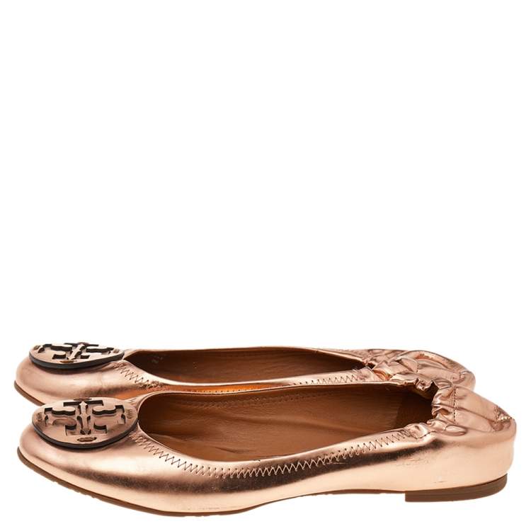 Pre Owned Tory Burch Rose Gold Leather Minnie Scrunch Ballet Flats Size 39