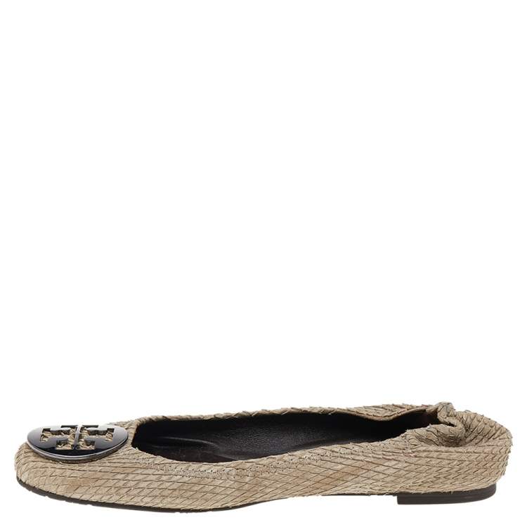 Pre Owned Tory Burch Beige Python Embossed Leather Minnie Scrunch Ballet Flats Size 38.5