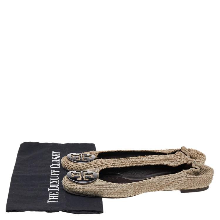 Pre Owned Tory Burch Beige Python Embossed Leather Minnie Scrunch Ballet Flats Size 38.5