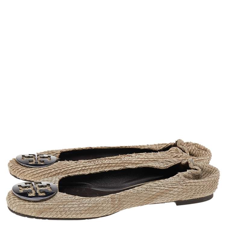 Pre Owned Tory Burch Beige Python Embossed Leather Minnie Scrunch Ballet Flats Size 38.5